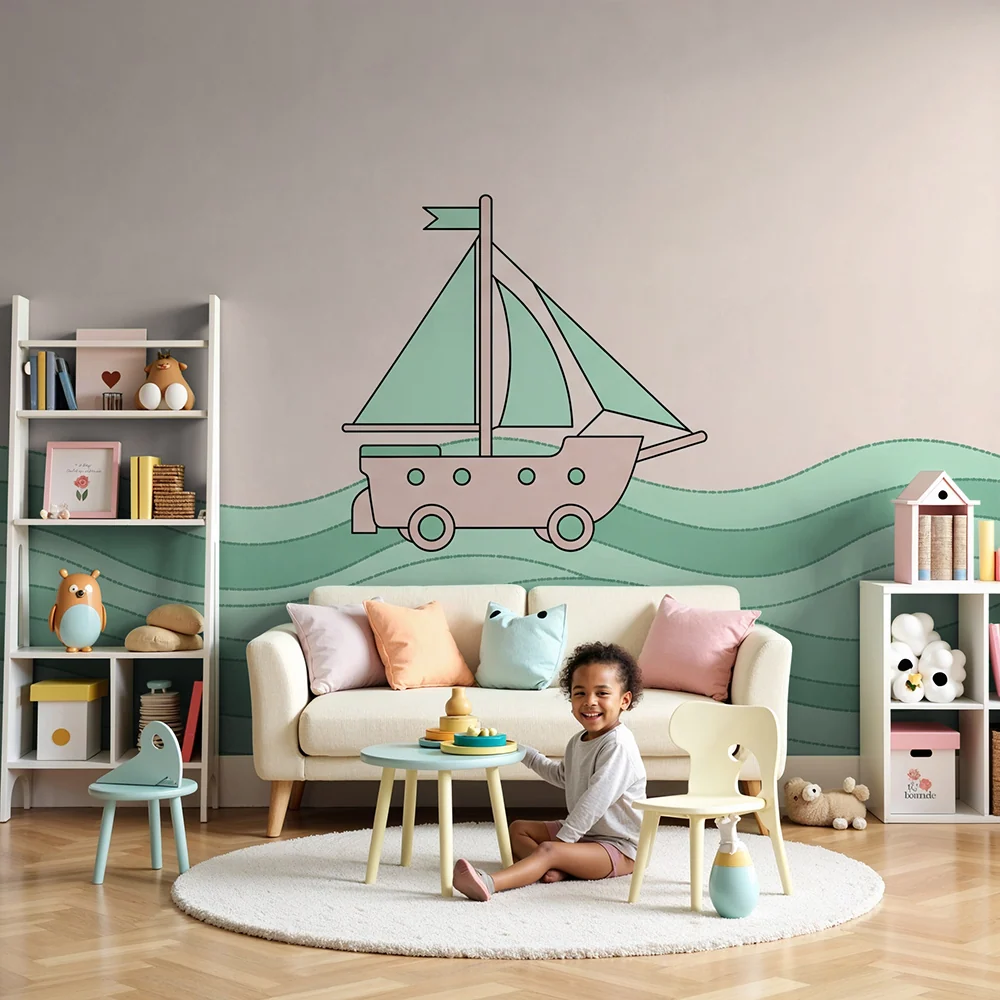 Babyzimmer Tapete | Kleines Boot, das auf sanften Wellen segelt