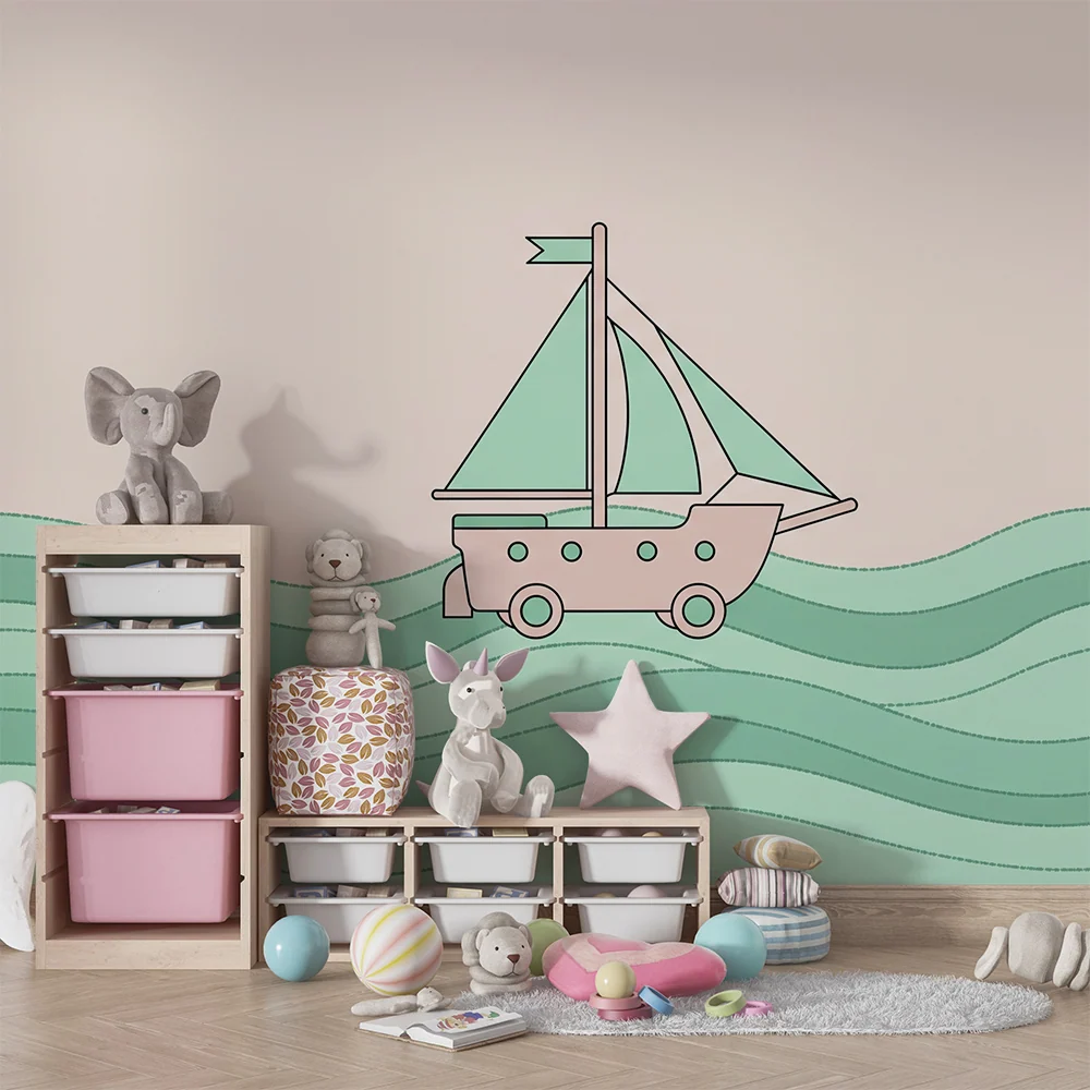 Babyzimmer Tapete | Kleines Boot, das auf sanften Wellen segelt