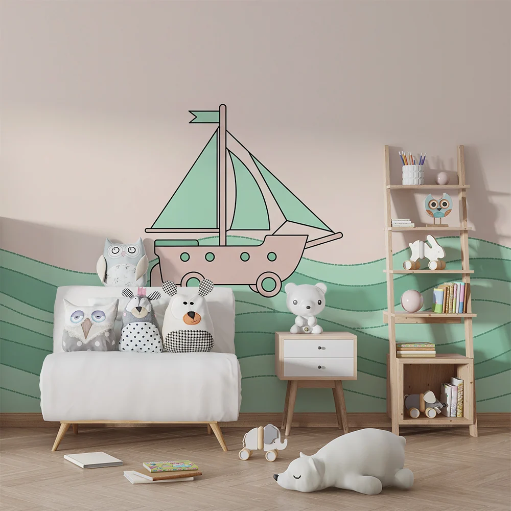 Babyzimmer Tapete | Kleines Boot, das auf sanften Wellen segelt