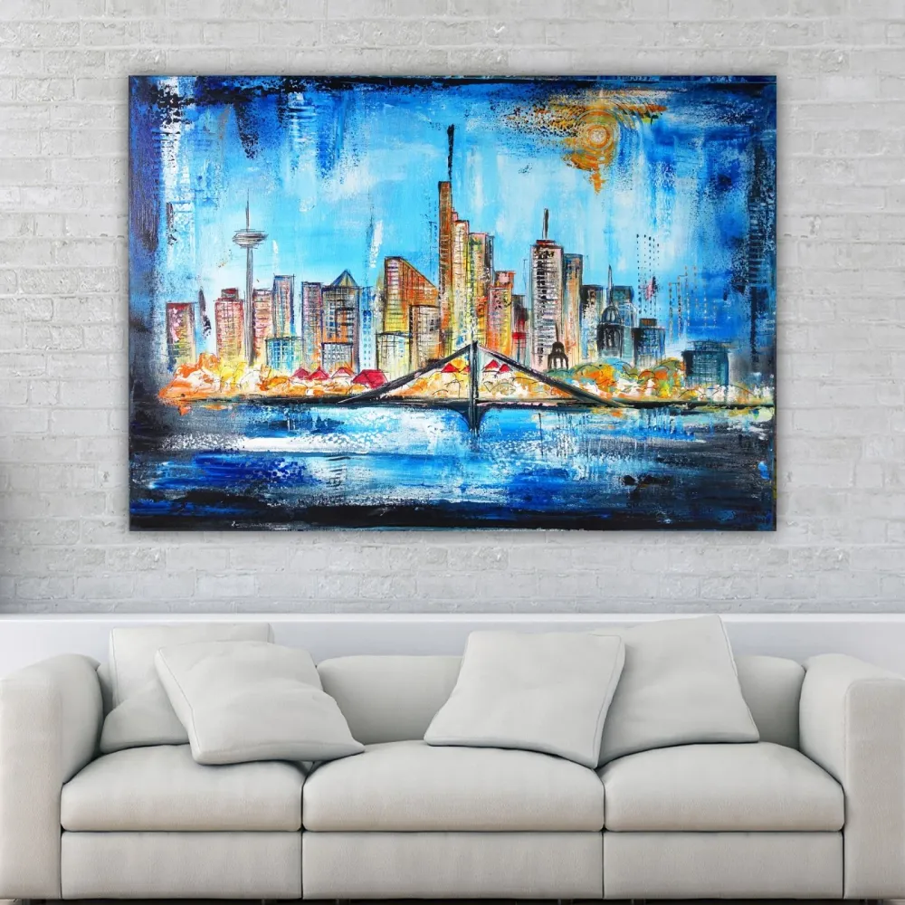 Frankfurt Acrylbild handgemaltes Skylinegemälde abstrakt 100x80