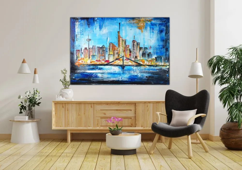 Frankfurt Acrylbild handgemaltes Skylinegemälde abstrakt 100x80