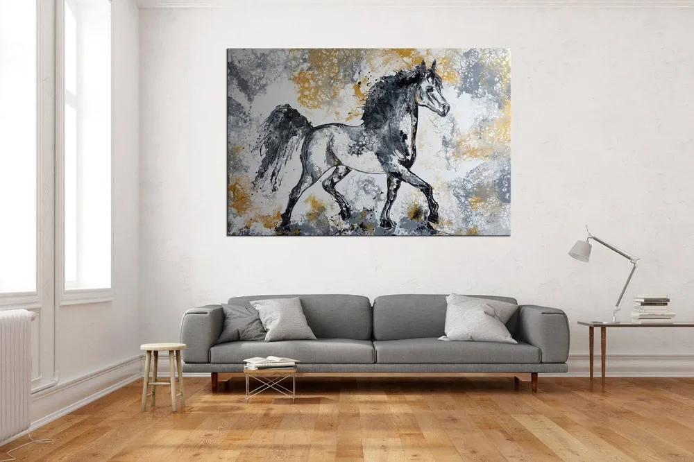 Pferdebild Gemälde Schimmel handgemalt, Acrylbild Hengst Bild 150x100