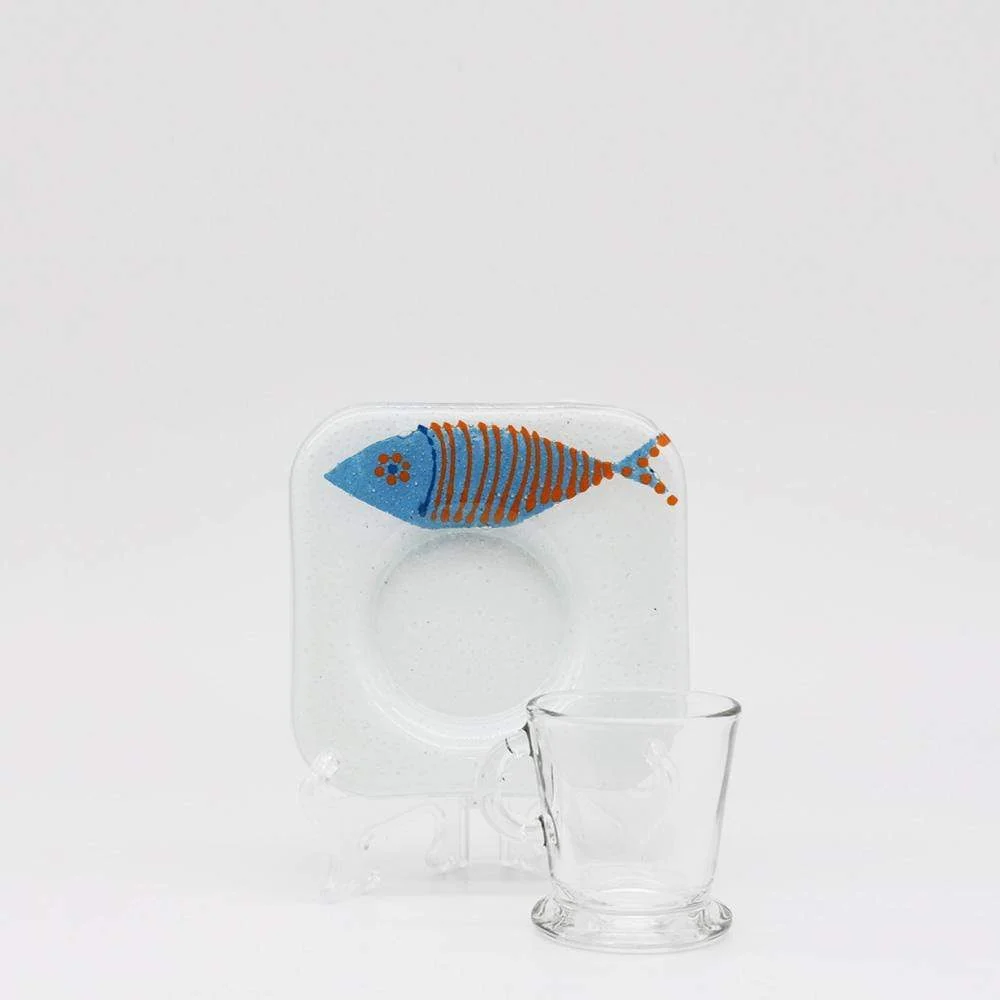 Tasse und Untertasse aus Fusingglas „Sardinha“