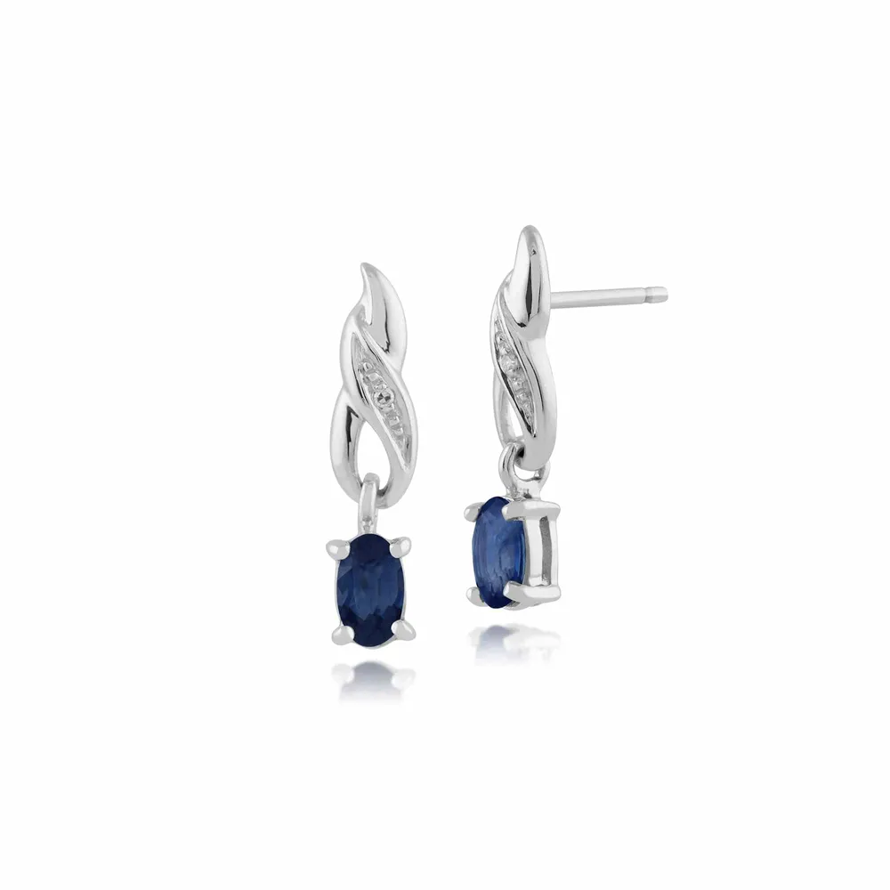 Klassische ovale Saphir- und Diamant-Ohrhänger 9 Karat Weißgold