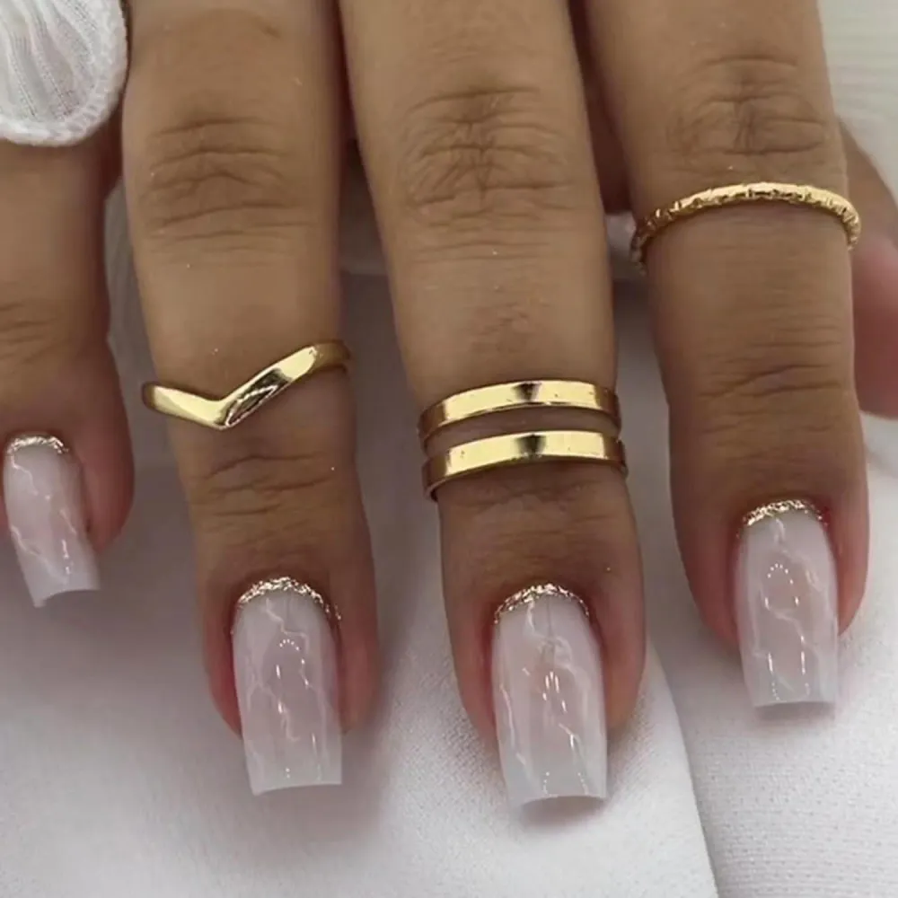 24 Stück Glossy White Marmor French Nägel Aufkleben Acryl Press on Nails