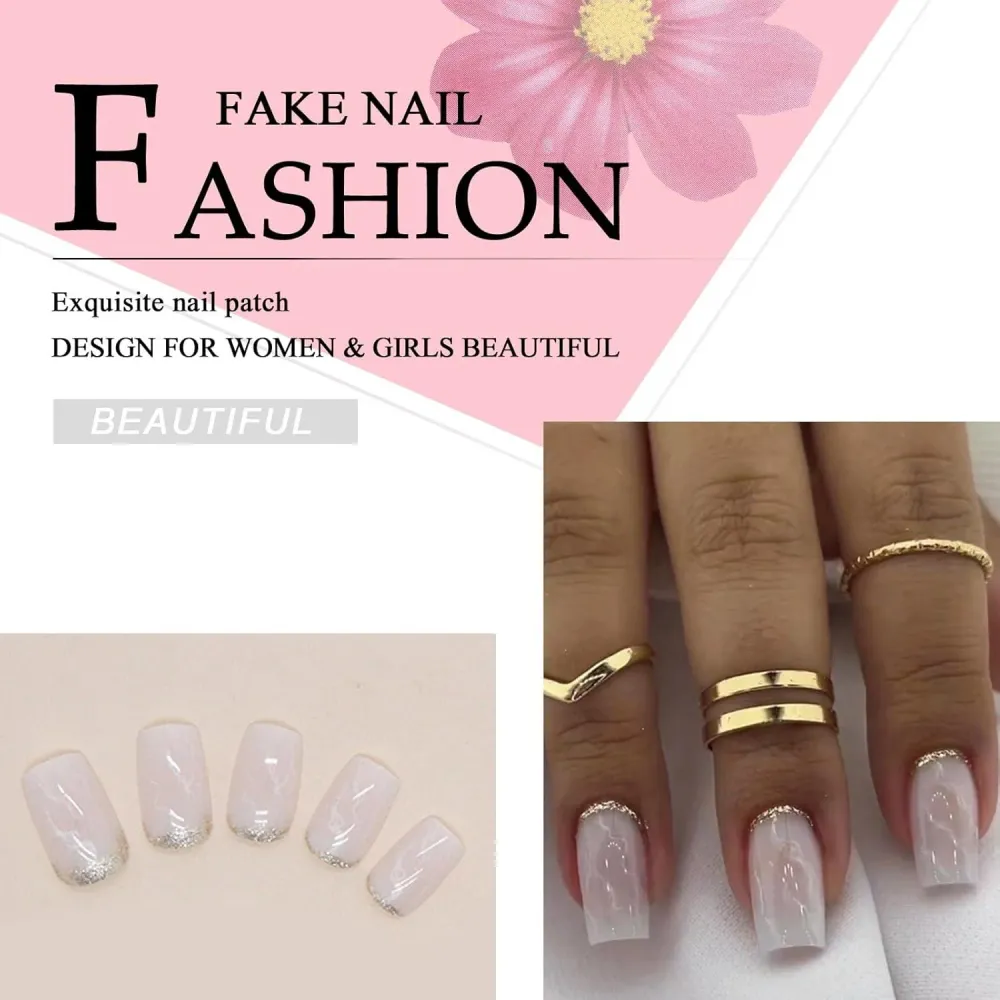 24 Stück Glossy White Marmor French Nägel Aufkleben Acryl Press on Nails