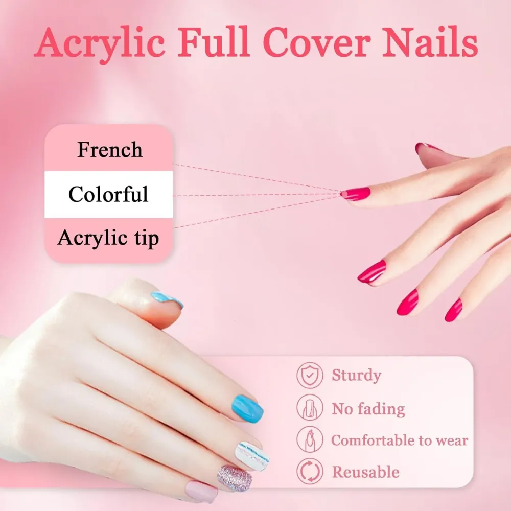 24 Stück Glossy White Marmor French Nägel Aufkleben Acryl Press on Nails