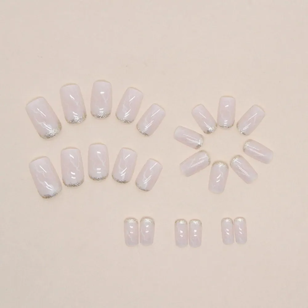 24 Stück Glossy White Marmor French Nägel Aufkleben Acryl Press on Nails