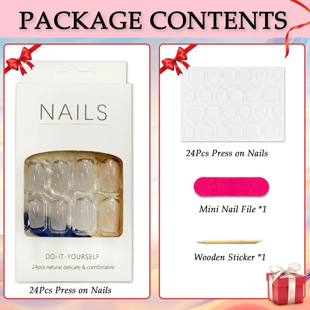 24 Stück Glossy White Marmor French Nägel Aufkleben Acryl Press on Nails