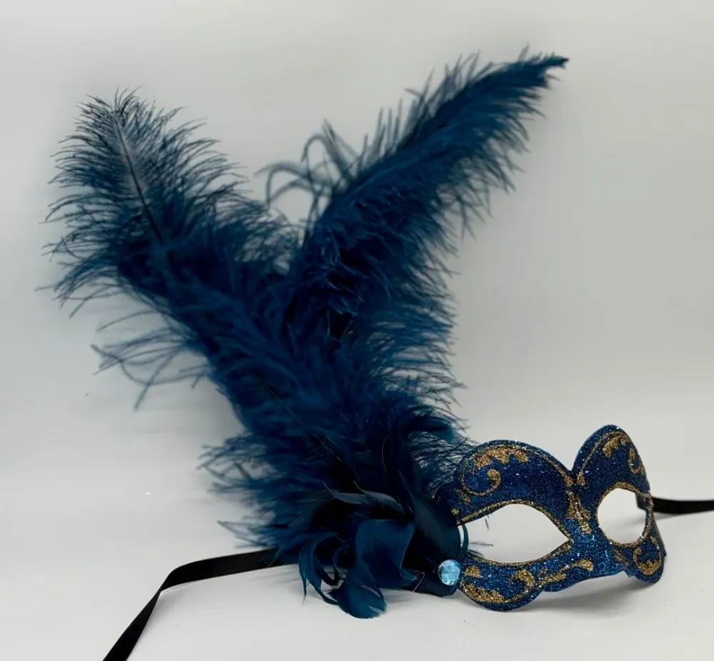 Blaue Feder Venezianische Maske – Glitzer-Maskerade-Maske