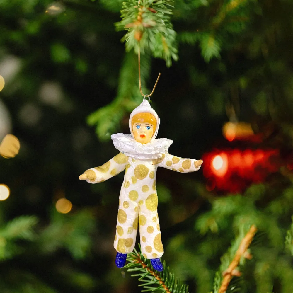 Weihnachtspuppe Clown im gold-punktierten Kostüm